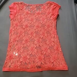 Women's orange  coral color top sheer short cap‎  lace sleeve.